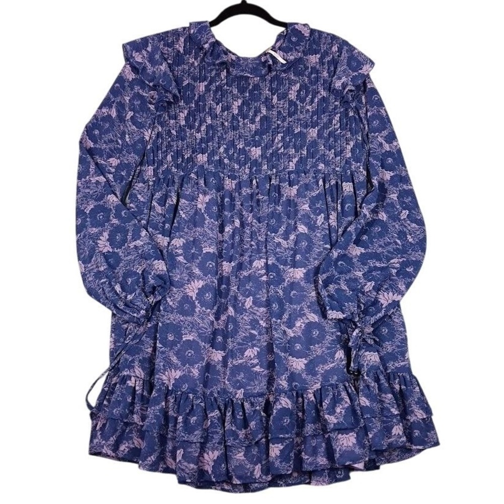 Free People Dress Womens Small Purple Floral Ruffle Long Sleeve Boho Romantic